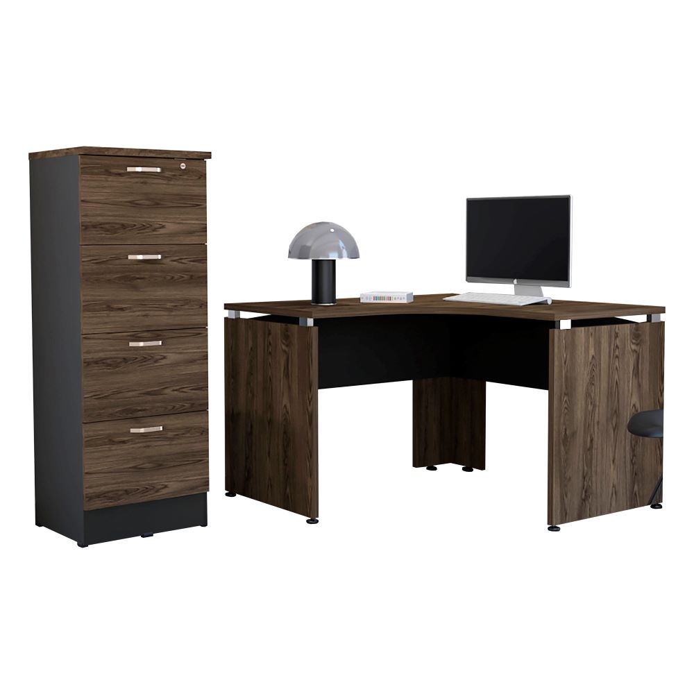 Escritorio en forma de L + Archivador Alto Color Monarca Negro Soft y Coñac Para Oficina